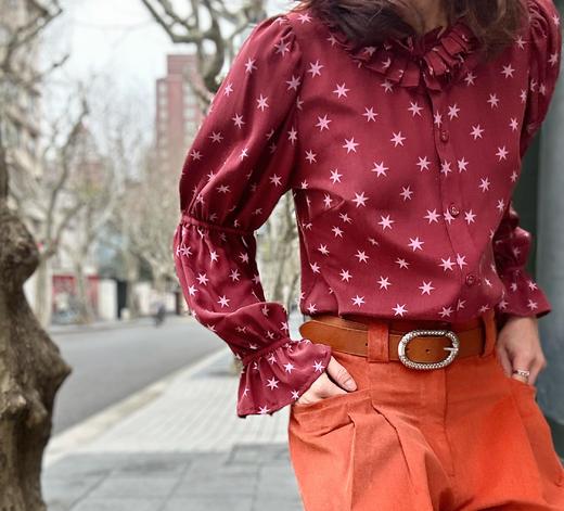 TYNVIE 缩褶袖百褶领长袖衬衫-酒红印花 商品图2