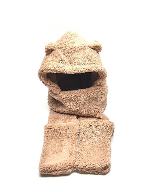 网红小熊耳朵帽子围脖手套一体秋冬季新款女百搭可爱保暖毛绒帽潮 商品图4