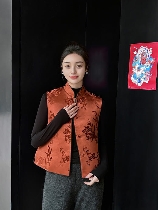 盛唐牡丹|焦糖色漳绒梅兰竹菊马甲 商品图0