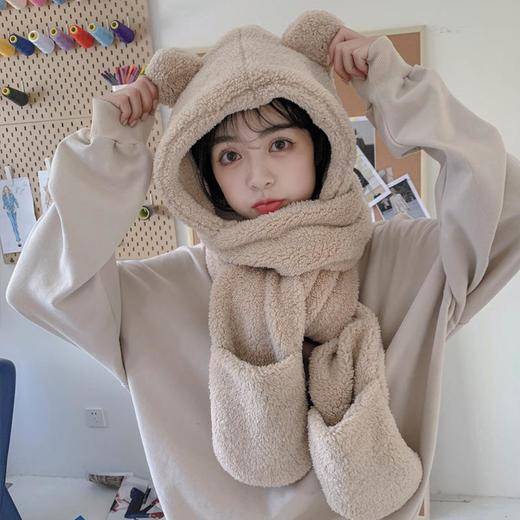 网红小熊耳朵帽子围脖手套一体秋冬季新款女百搭可爱保暖毛绒帽潮 商品图2