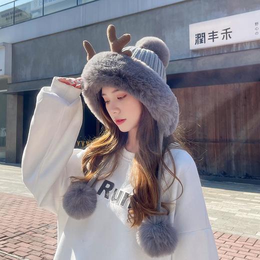 可爱毛绒鹿角针织帽韩国秋冬新款三毛球毛线帽简约时尚保暖帽子女 商品图3