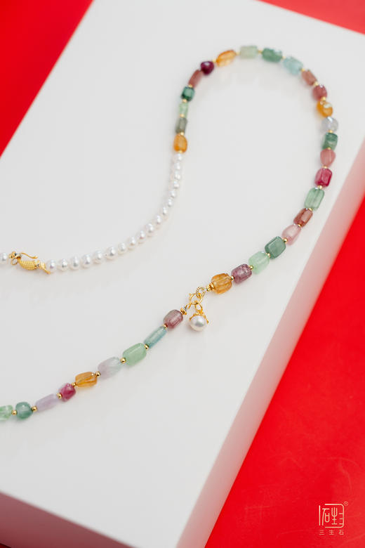 天然彩色碧玺原石珍珠设计多用项链 商品图0