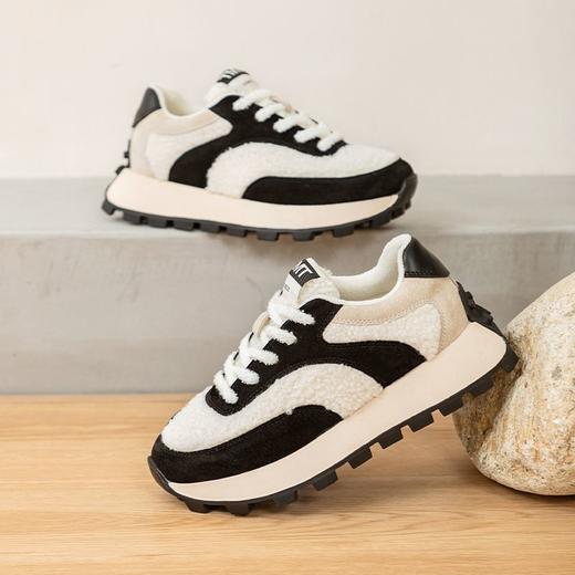 【24小时发货】韩版真皮羊羔毛拼接华夫鞋女2022冬季新款厚底加绒时尚百搭休闲鞋 商品图5