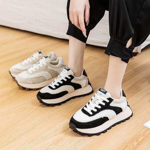 【24小时发货】韩版真皮羊羔毛拼接华夫鞋女2022冬季新款厚底加绒时尚百搭休闲鞋 商品图3