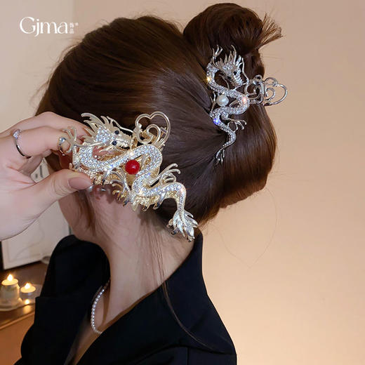 新中式镶钻珍珠龙形抓夹小众创意后脑勺盘发鲨鱼夹 商品图0