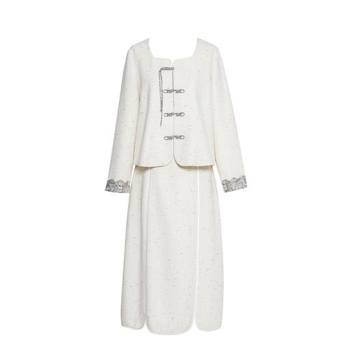 荷言GL 晚春 米白色新中式毛呢半裙两件套装复古外套上衣国风秋冬旗袍 商品图4