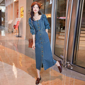 ALBB-现货2024春季新款女装韩版修身个性方领时尚长款牛仔连衣裙