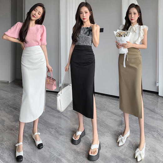 春夏新款潮【半身裙高腰包臀裙 通勤显瘦】中长款一步裙 侧边开叉褶皱西装裙  商品图0