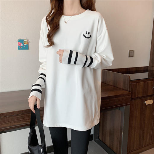 春秋季【纯棉长袖T恤女 韩版宽松设计感】中长印花内搭打底衫 休闲上衣外穿时尚个性 商品图1