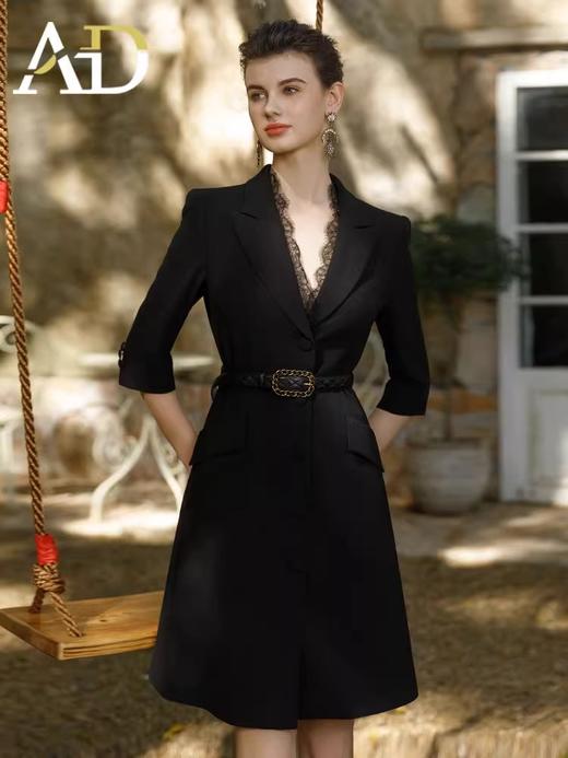 春装新款女蕾丝西装连衣裙黑色职业装气质翘肩连身裙 商品图0