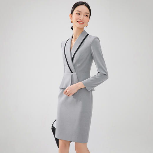 设计感灰色连衣裙女2024春季高级感收腰显瘦气质通勤小个子西装裙 商品图3