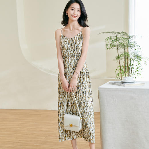 「锦色花影」吊带裙  重工波浪压褶 米思阳2026春季别致高级感吊带长裙修身连衣裙女0141 商品图0