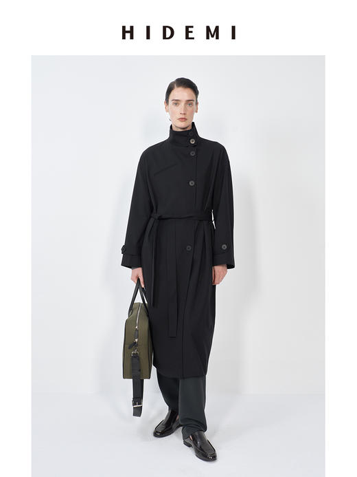 HIDEMI 精纺羊毛不对称门襟设计感可拆卸腰带立领式长款风衣 商品图0