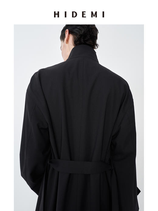 HIDEMI 精纺羊毛不对称门襟设计感可拆卸腰带立领式长款风衣 商品图3