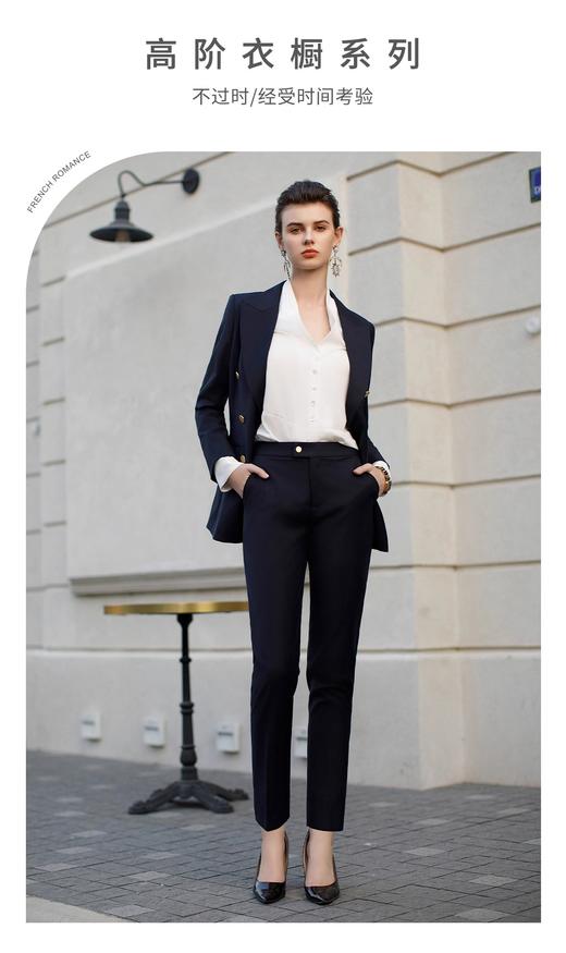 墨蓝色羊毛西装套装女职业正装新款暗格纹干练双排扣西服外套春 商品图6