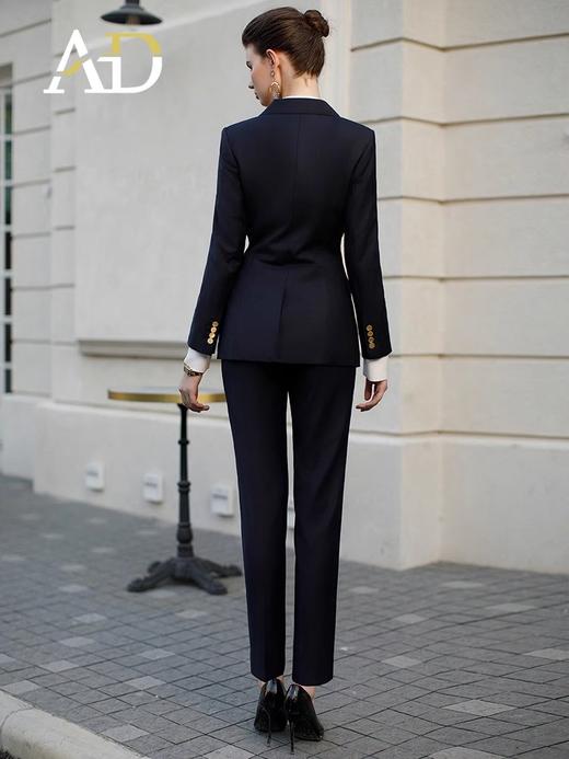 墨蓝色羊毛西装套装女职业正装新款暗格纹干练双排扣西服外套春 商品图4