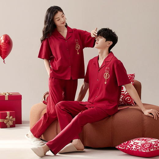夏季纯棉【短袖长裤情侣睡衣 结婚新婚大红色本命年】宽松休闲 男女士家居服套装 商品图9