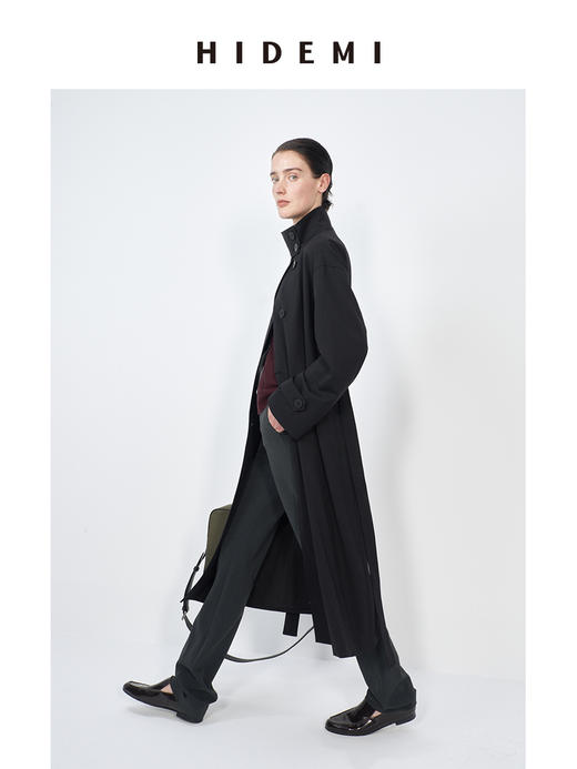 HIDEMI 精纺羊毛不对称门襟设计感可拆卸腰带立领式长款风衣 商品图1
