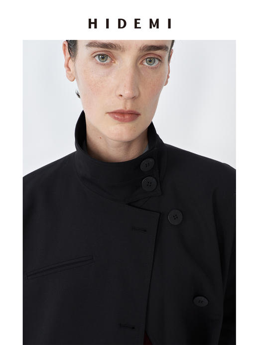 HIDEMI 精纺羊毛不对称门襟设计感可拆卸腰带立领式长款风衣 商品图4