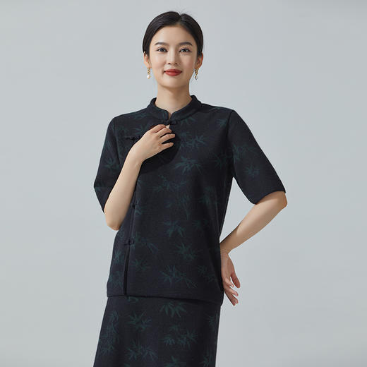 东黎 • 丝绒款新中式女士针织精纺斜襟复古中国风提花短袖 3546 商品图1