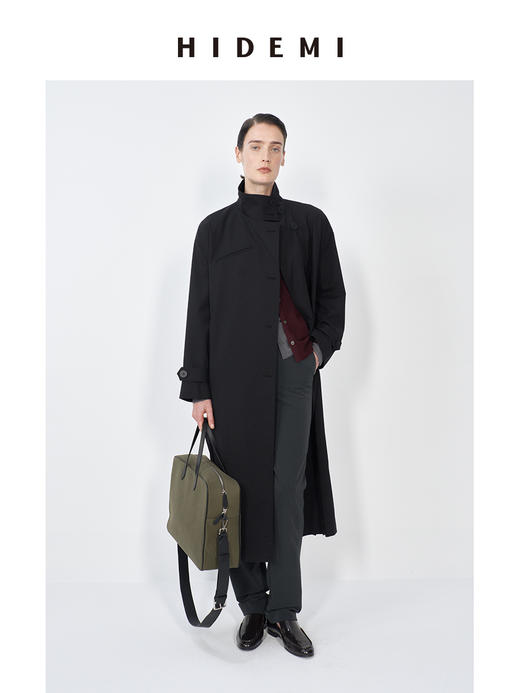 HIDEMI 精纺羊毛不对称门襟设计感可拆卸腰带立领式长款风衣 商品图5