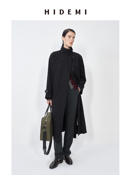 HIDEMI 精纺羊毛不对称门襟设计感可拆卸腰带立领式长款风衣 商品图7