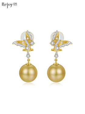 【天猫同款】悦甄 18k金南洋金珠钻石耳夹 蝶舞