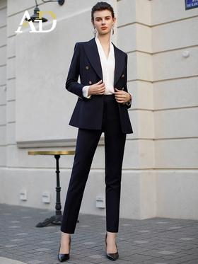 墨蓝色羊毛西装套装女职业正装新款暗格纹干练双排扣西服外套春