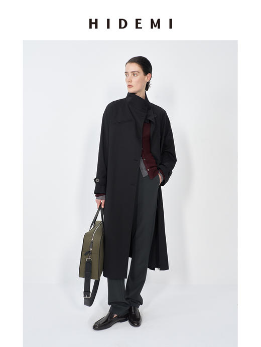HIDEMI 精纺羊毛不对称门襟设计感可拆卸腰带立领式长款风衣 商品图6