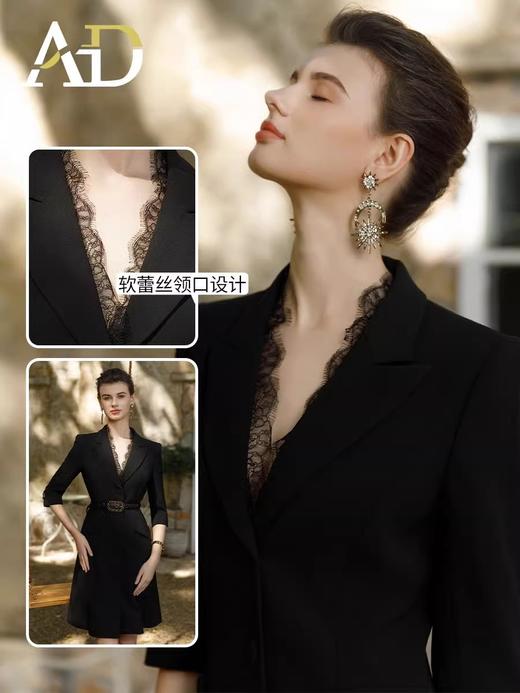 春装新款女蕾丝西装连衣裙黑色职业装气质翘肩连身裙 商品图1