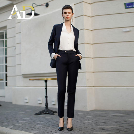 墨蓝色羊毛西装套装女职业正装新款暗格纹干练双排扣西服外套春 商品图2
