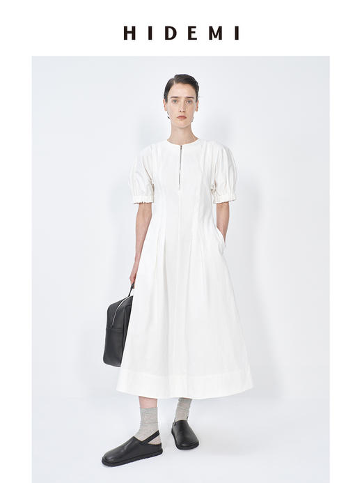 HIDEMI 极简显瘦小圆领立体收腰拉链泡泡袖连衣裙 商品图5