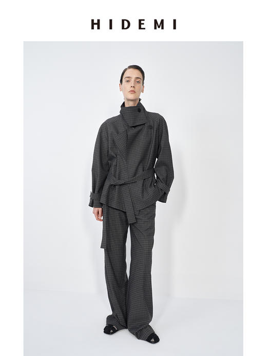 HIDEMI 灰色格子设计感立领复古插肩不对称门襟可拆卸腰带短风衣套装 商品图8