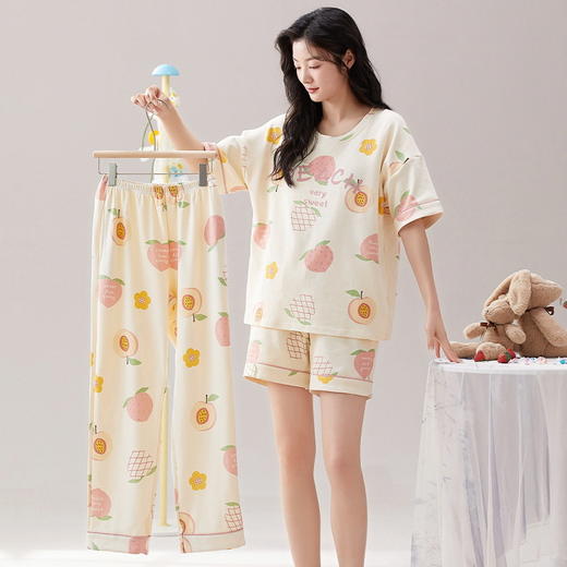 夏季【睡衣女款 短袖纯棉三件套】带胸垫可外穿 休闲宽松 夏天家居服套装 商品图9