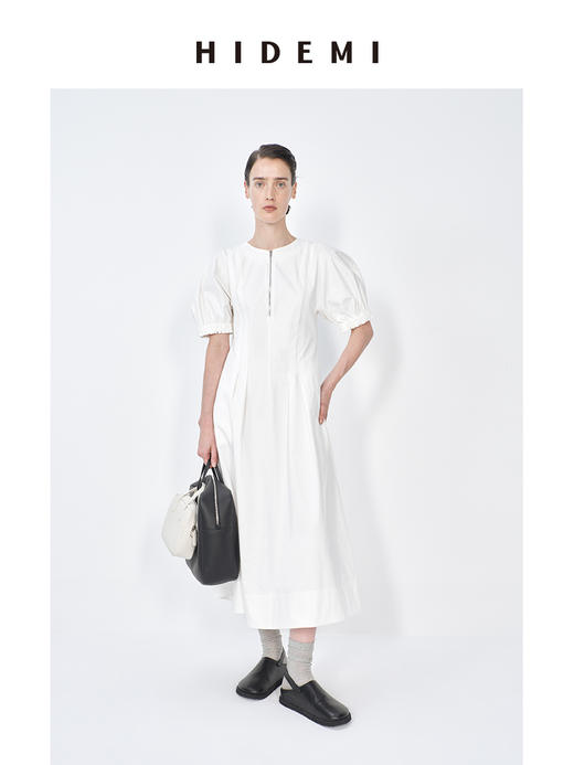 HIDEMI 极简显瘦小圆领立体收腰拉链泡泡袖连衣裙 商品图8