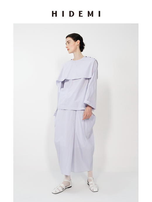 HIDEMI 极简微褶皱设计感可拆卸披肩领多穿式衬衫上衣半裙套装 商品图8