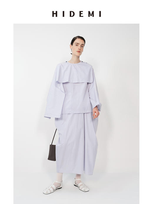 HIDEMI 极简微褶皱设计感可拆卸披肩领多穿式衬衫上衣半裙套装 商品图9