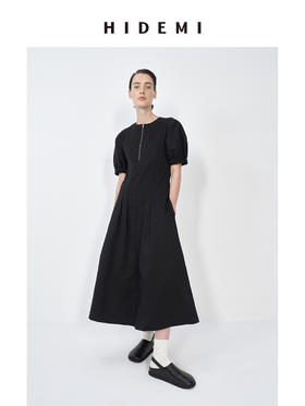 HIDEMI 极简显瘦小圆领立体收腰拉链泡泡袖连衣裙