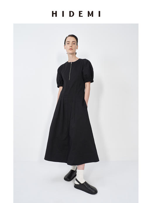 HIDEMI 极简显瘦小圆领立体收腰拉链泡泡袖连衣裙 商品图0