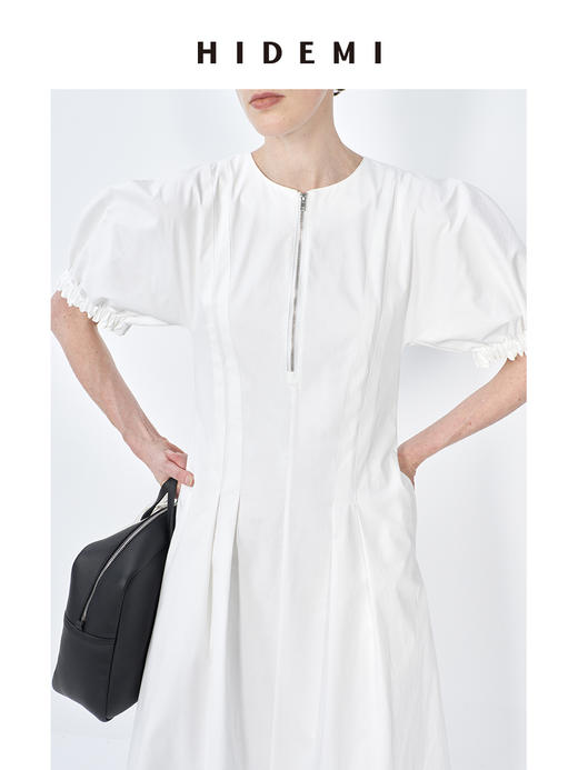 HIDEMI 极简显瘦小圆领立体收腰拉链泡泡袖连衣裙 商品图6