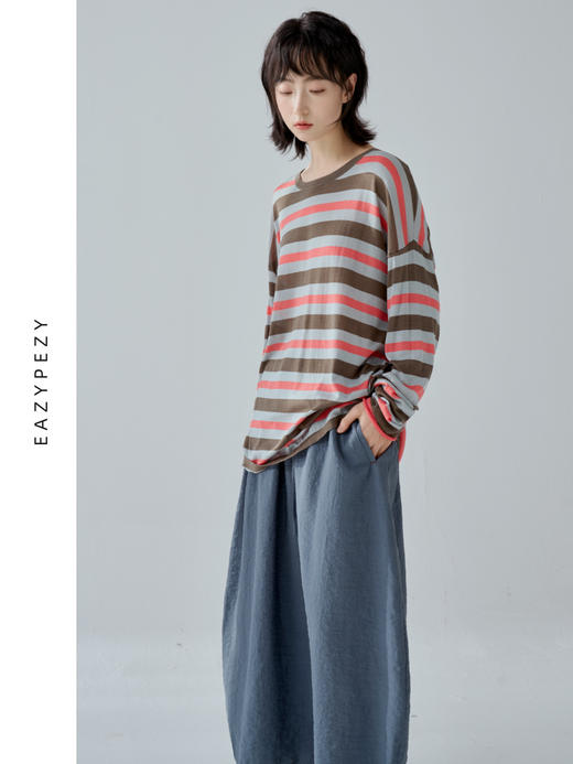 布列塔尼的空气-丝棉高精纺宽松卷边条纹针织衫 商品图3