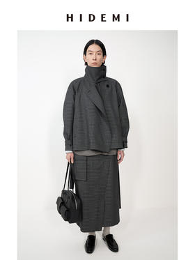 HIDEMI 灰色格子设计感立领复古插肩不对称门襟可拆卸腰带短风衣套装