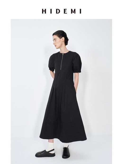 HIDEMI 极简显瘦小圆领立体收腰拉链泡泡袖连衣裙 商品图2