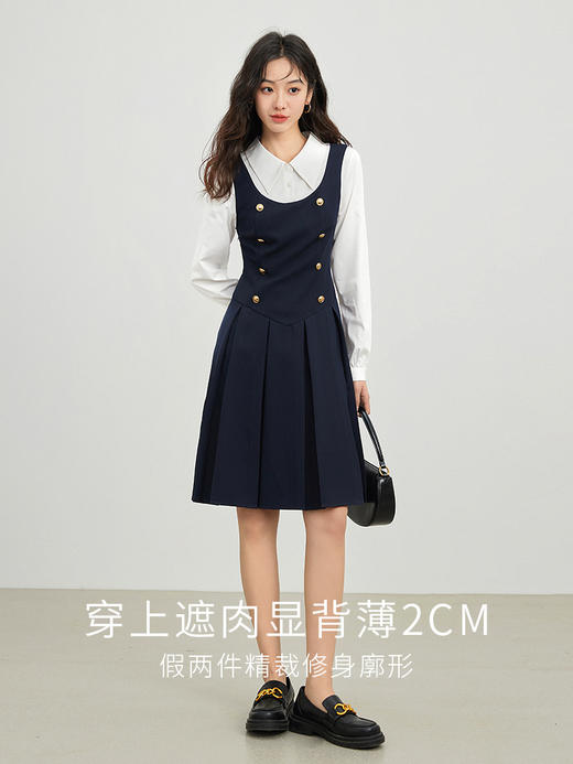 【1件72折】熙世界学院风假两件连衣裙女秋装2025新款法式通勤拼接衬衫领裙子 商品图2