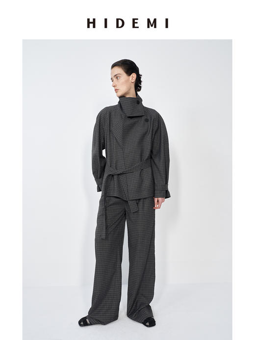 HIDEMI 灰色格子设计感立领复古插肩不对称门襟可拆卸腰带短风衣套装 商品图5