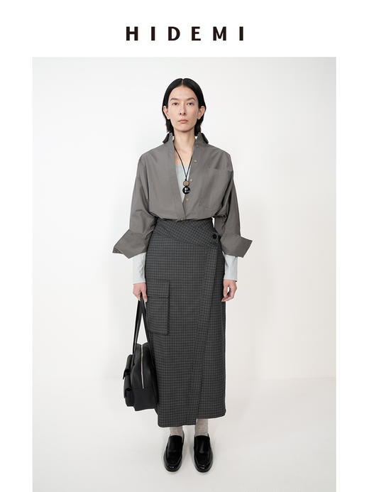 HIDEMI 灰色格子设计感立领复古插肩不对称门襟可拆卸腰带短风衣套装 商品图9
