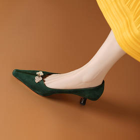 【预售5天】新中式国风绿色细跟高跟鞋，法式优雅尖头浅口秀禾不累脚单鞋婚鞋SLK&C532