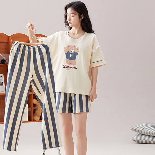 夏季【睡衣女款 短袖纯棉三件套】带胸垫可外穿 休闲宽松 夏天家居服套装 商品图3