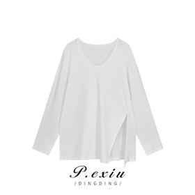 04-3潘依绣丁丁宠粉PanYiXiu/潘依绣秋冬纯色V领侧开衩宽松打底百搭长袖T恤 W-61635