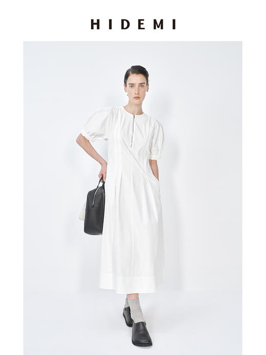 HIDEMI 极简显瘦小圆领立体收腰拉链泡泡袖连衣裙 商品图10